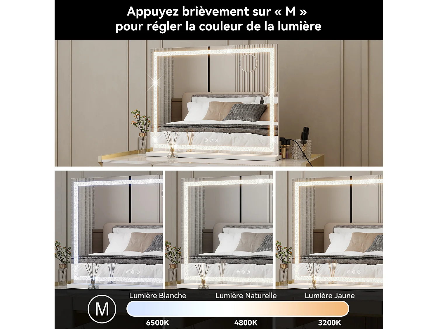 Miroir de maquillage 70x57cm - PULUOMIS - Miroir LED à bande diamant, 3 modes d'éclairage, USB & Type-C, loupe 10X, 2 méthodes d'installation - Blanc
