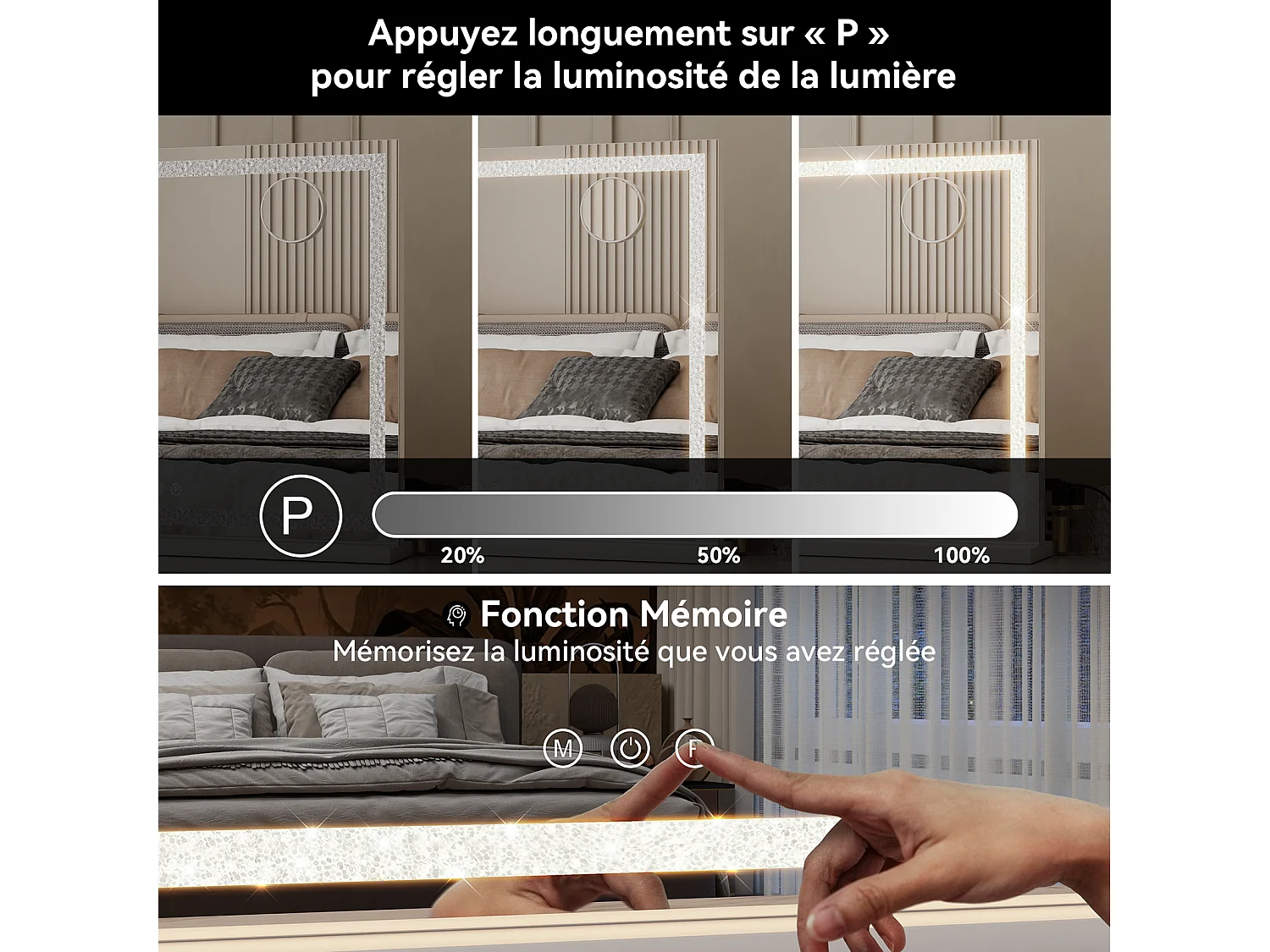 Miroir de maquillage 70x57cm - PULUOMIS - Miroir LED à bande diamant, 3 modes d'éclairage, USB & Type-C, loupe 10X, 2 méthodes d'installation - Blanc