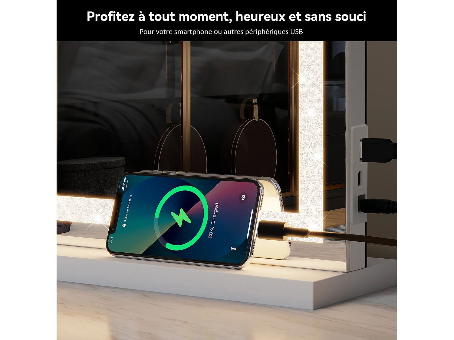 Miroir de maquillage 70x57cm - PULUOMIS - Miroir LED à bande diamant, 3 modes d'éclairage, USB & Type-C, loupe 10X, 2 méthodes d'installation - Blanc
