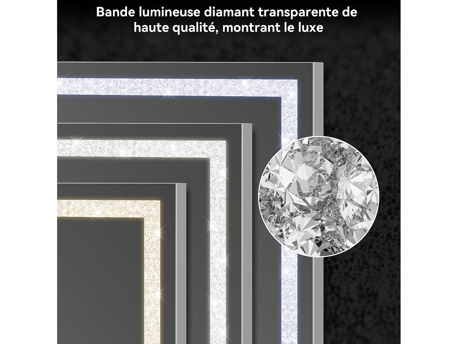 Miroir de maquillage 70x57cm - PULUOMIS - Miroir LED à bande diamant, 3 modes d'éclairage, USB & Type-C, loupe 10X, 2 méthodes d'installation - Blanc