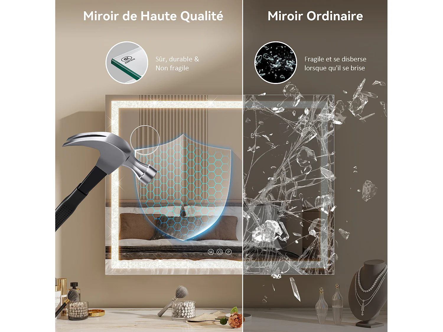 Miroir de maquillage 70x57cm - PULUOMIS - Miroir LED à bande diamant, 3 modes d'éclairage, USB & Type-C, loupe 10X, 2 méthodes d'installation - Blanc