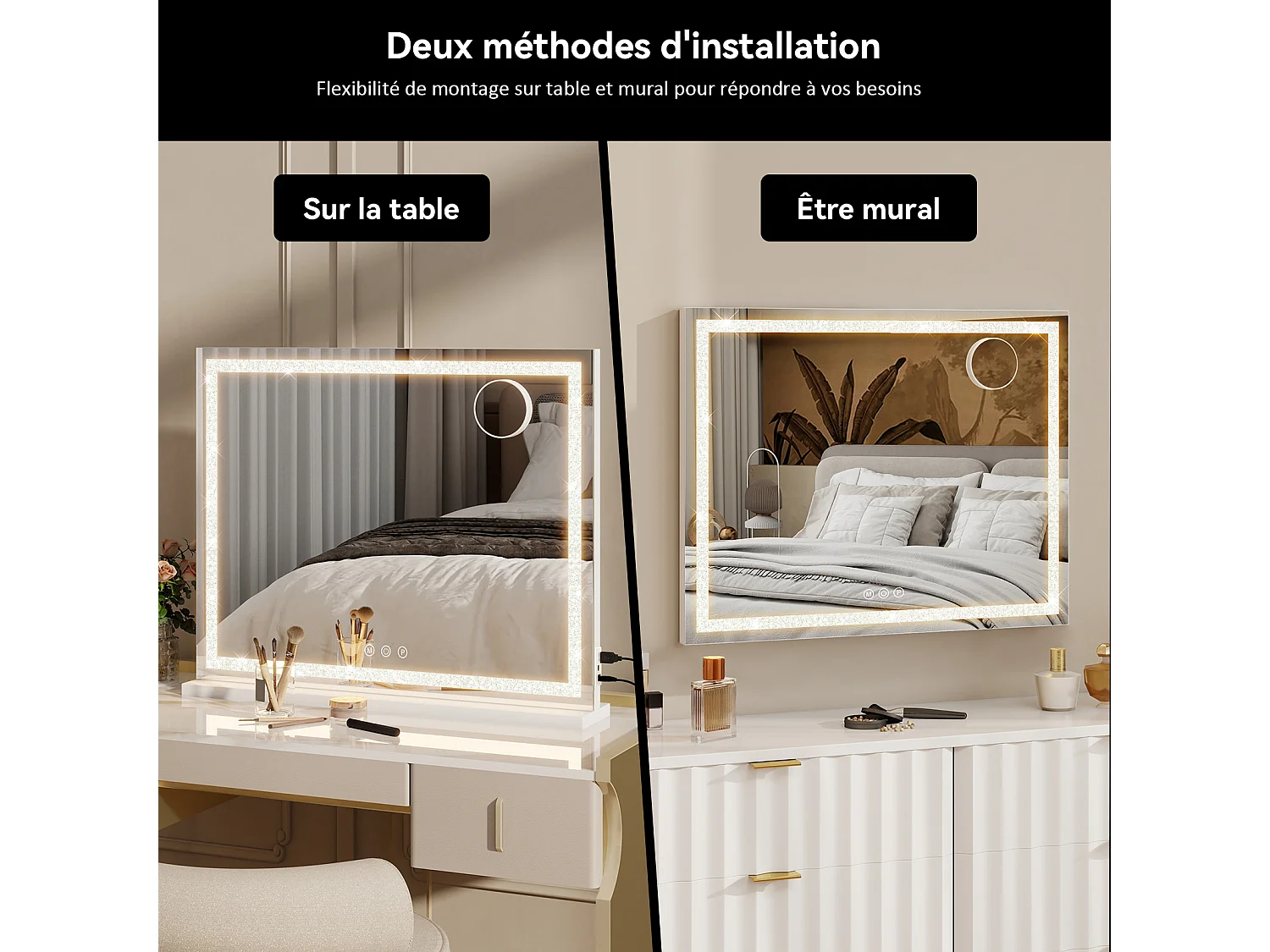 Miroir de maquillage 70x57cm - PULUOMIS - Miroir LED à bande diamant, 3 modes d'éclairage, USB & Type-C, loupe 10X, 2 méthodes d'installation - Blanc