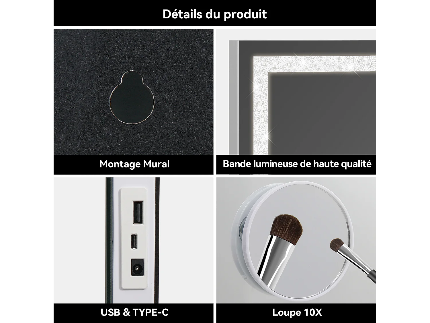 Miroir de maquillage 70x57cm - PULUOMIS - Miroir LED à bande diamant, 3 modes d'éclairage, USB & Type-C, loupe 10X, 2 méthodes d'installation - Blanc