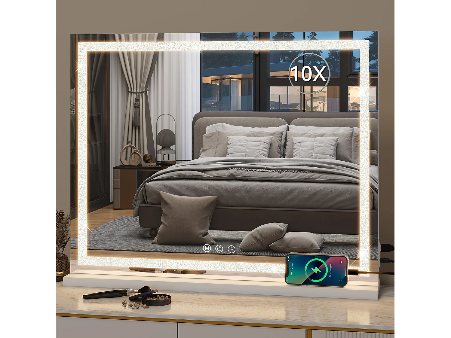 Miroir de maquillage 70x57cm - PULUOMIS - Miroir LED à bande diamant, 3 modes d'éclairage, USB & Type-C, loupe 10X, 2 méthodes d'installation - Blanc