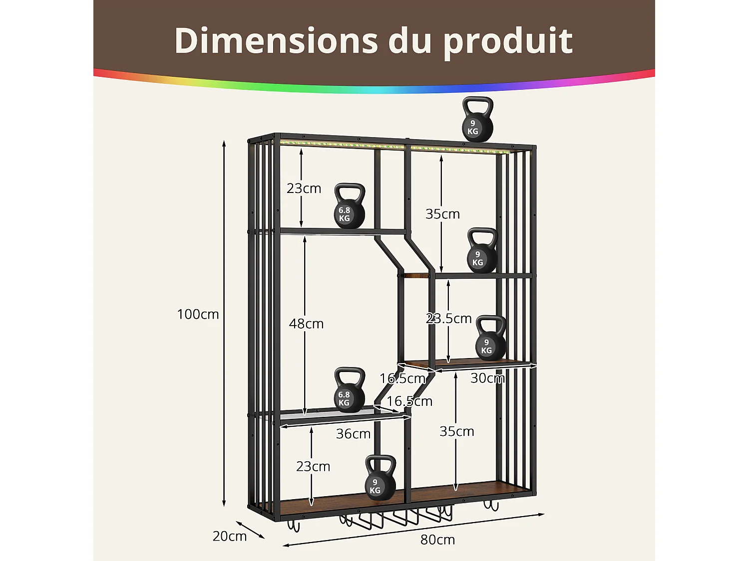 Porte-bouteilles mural industriel RGB, étagère de rangement avec éclairage APP, porte-verres à vin - Bun- Puluomis