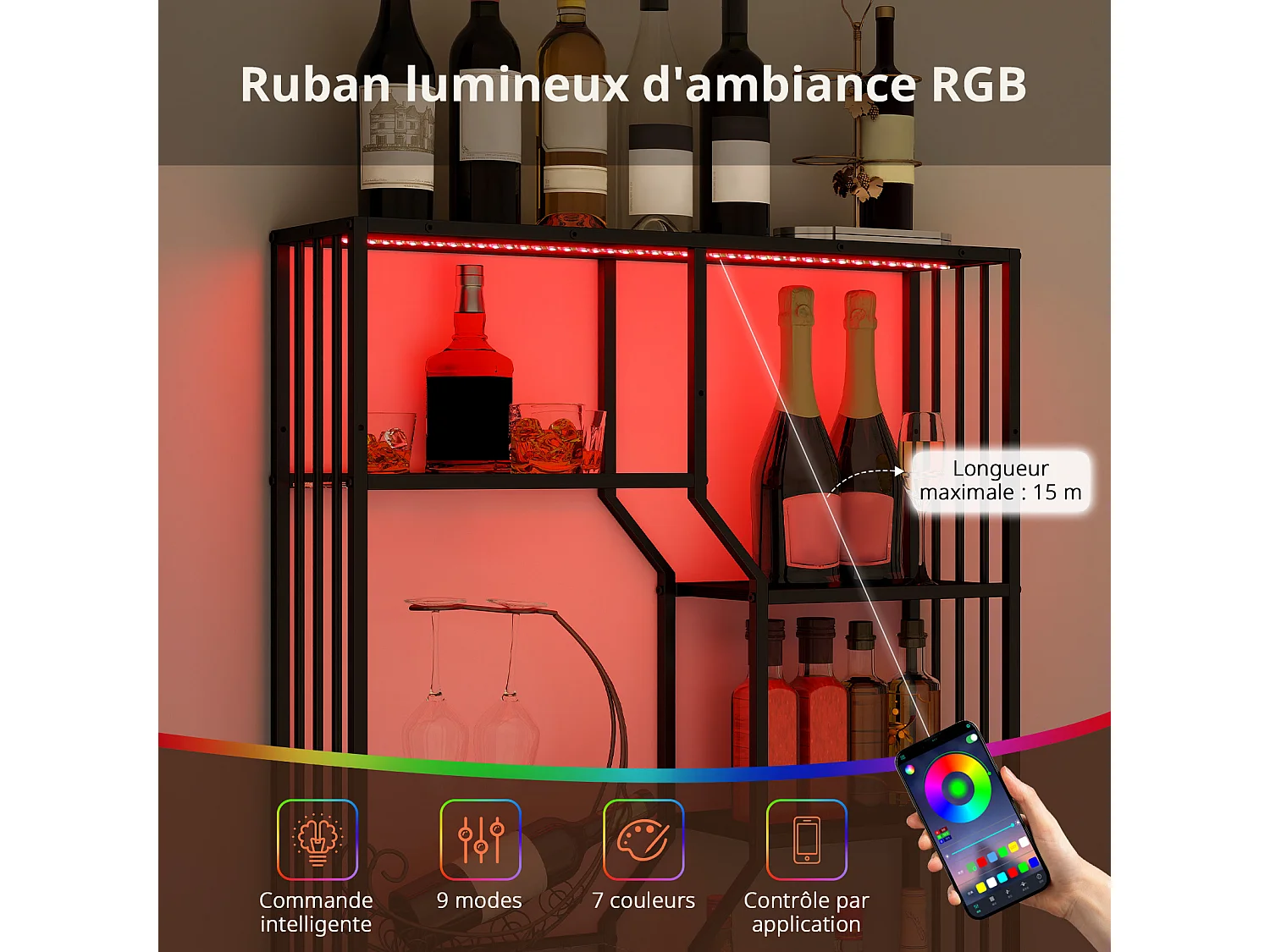 Porte-bouteilles mural industriel RGB, étagère de rangement avec éclairage APP, porte-verres à vin - Bun- Puluomis