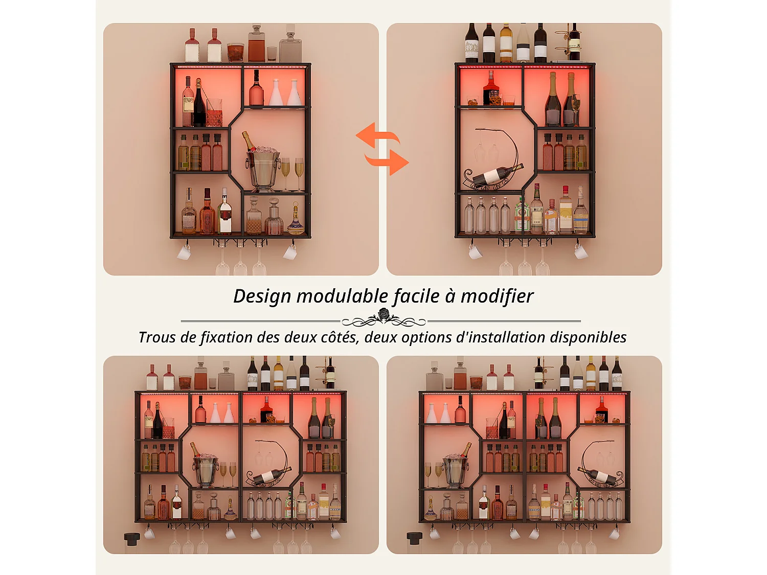 Porte-bouteilles mural industriel RGB, étagère de rangement avec éclairage APP, porte-verres à vin - Bun- Puluomis