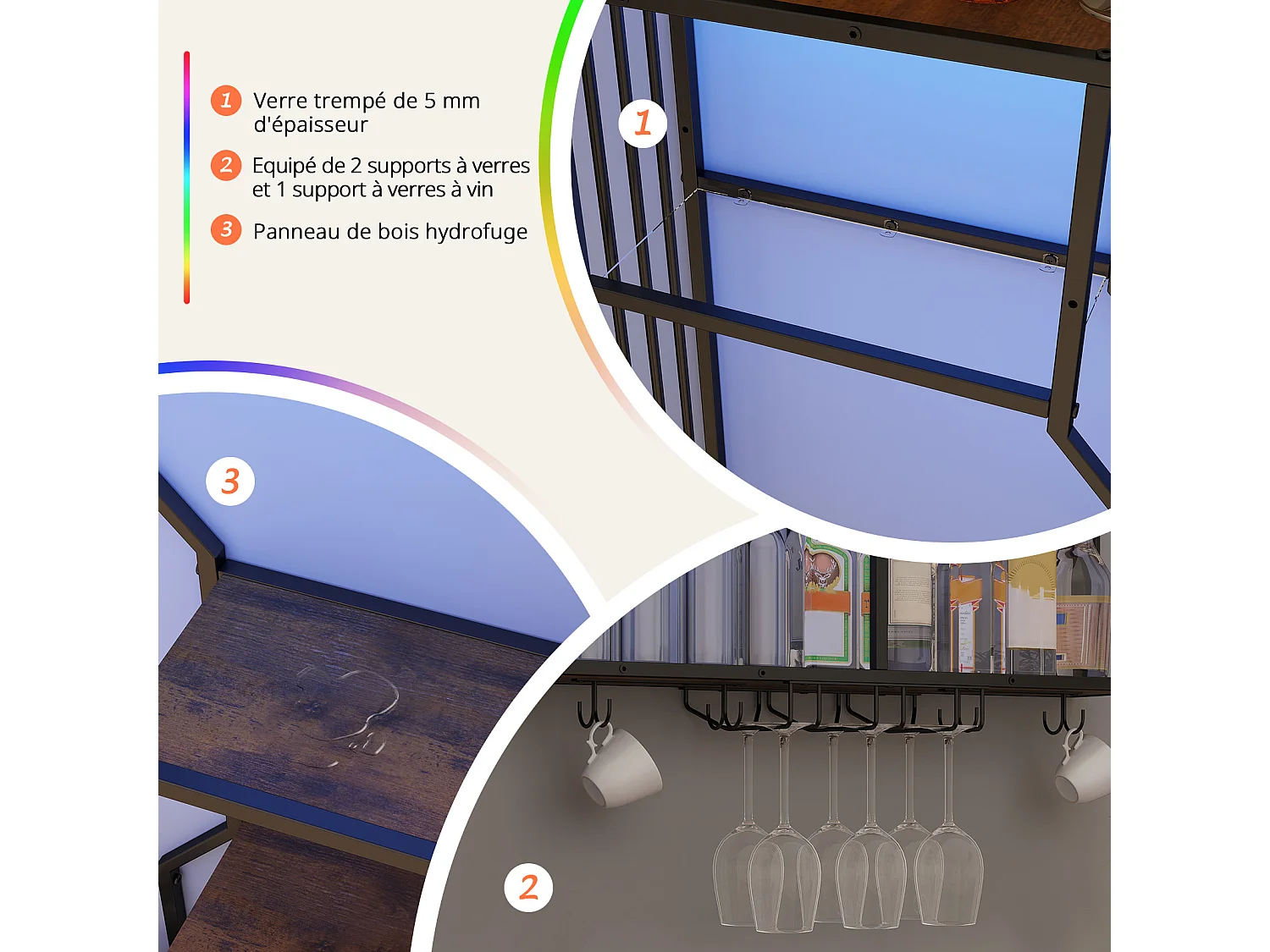 Porte-bouteilles mural industriel RGB, étagère de rangement avec éclairage APP, porte-verres à vin - Bun- Puluomis