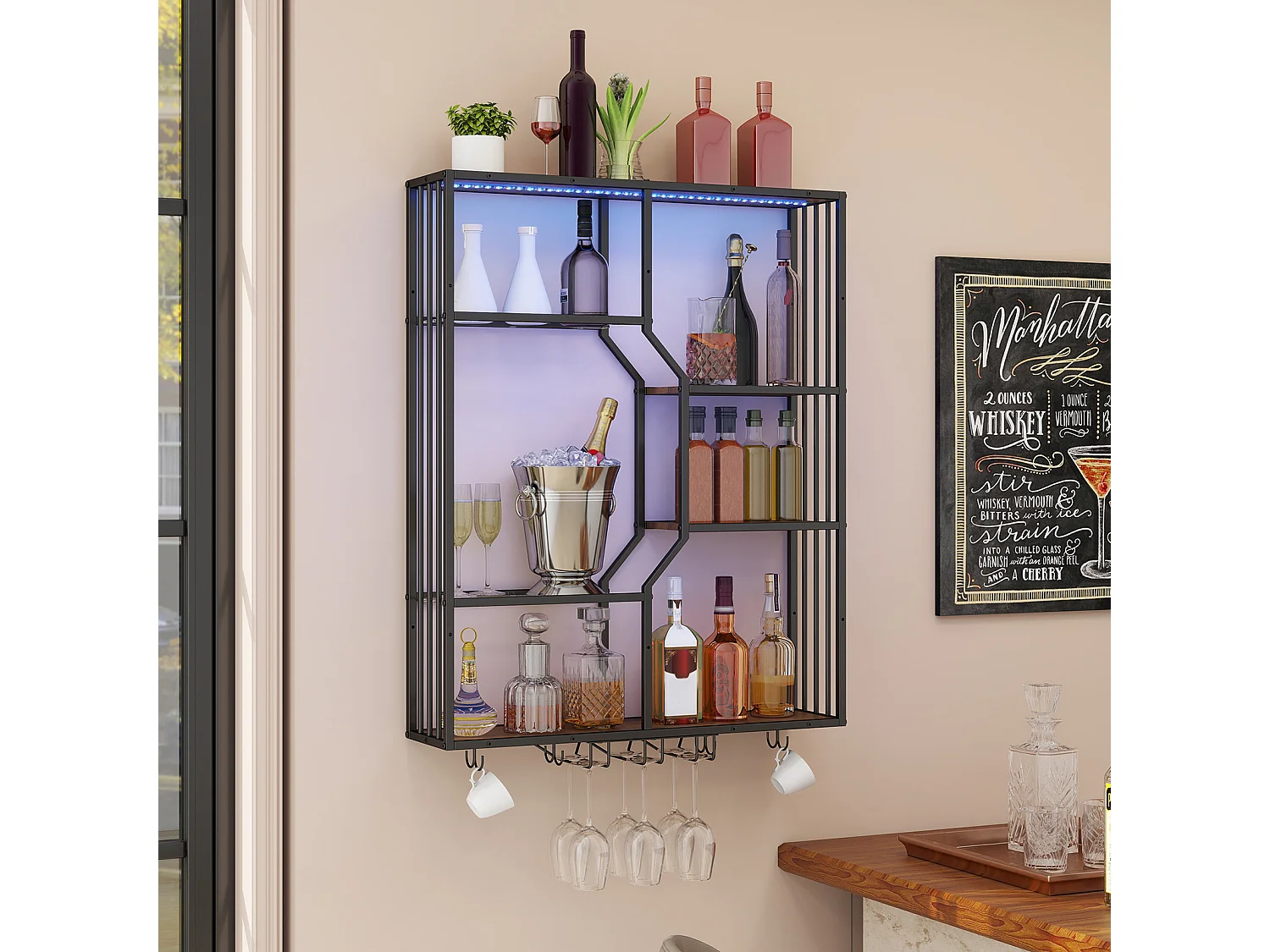 Porte-bouteilles mural industriel RGB, étagère de rangement avec éclairage APP, porte-verres à vin - Bun- Puluomis