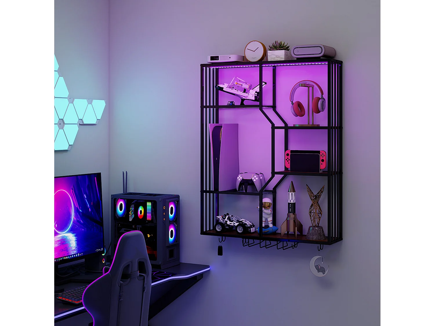 Porte-bouteilles mural industriel RGB, étagère de rangement avec éclairage APP, porte-verres à vin - Bun- Puluomis