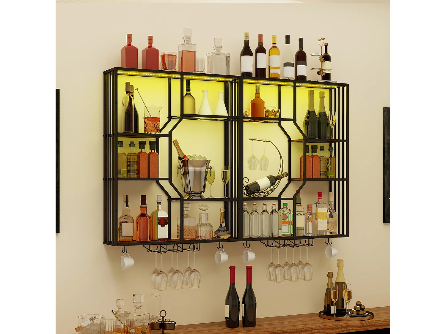 Porte-bouteilles mural industriel RGB, étagère de rangement avec éclairage APP, porte-verres à vin - Bun- Puluomis