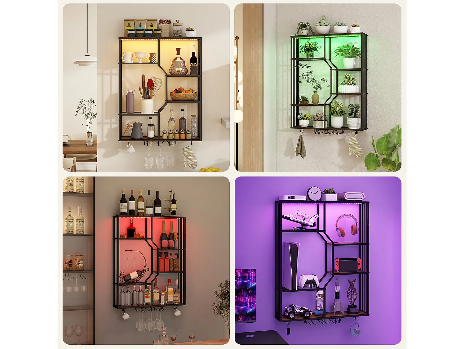 Porte-bouteilles mural industriel RGB, étagère de rangement avec éclairage APP, porte-verres à vin - Bun- Puluomis