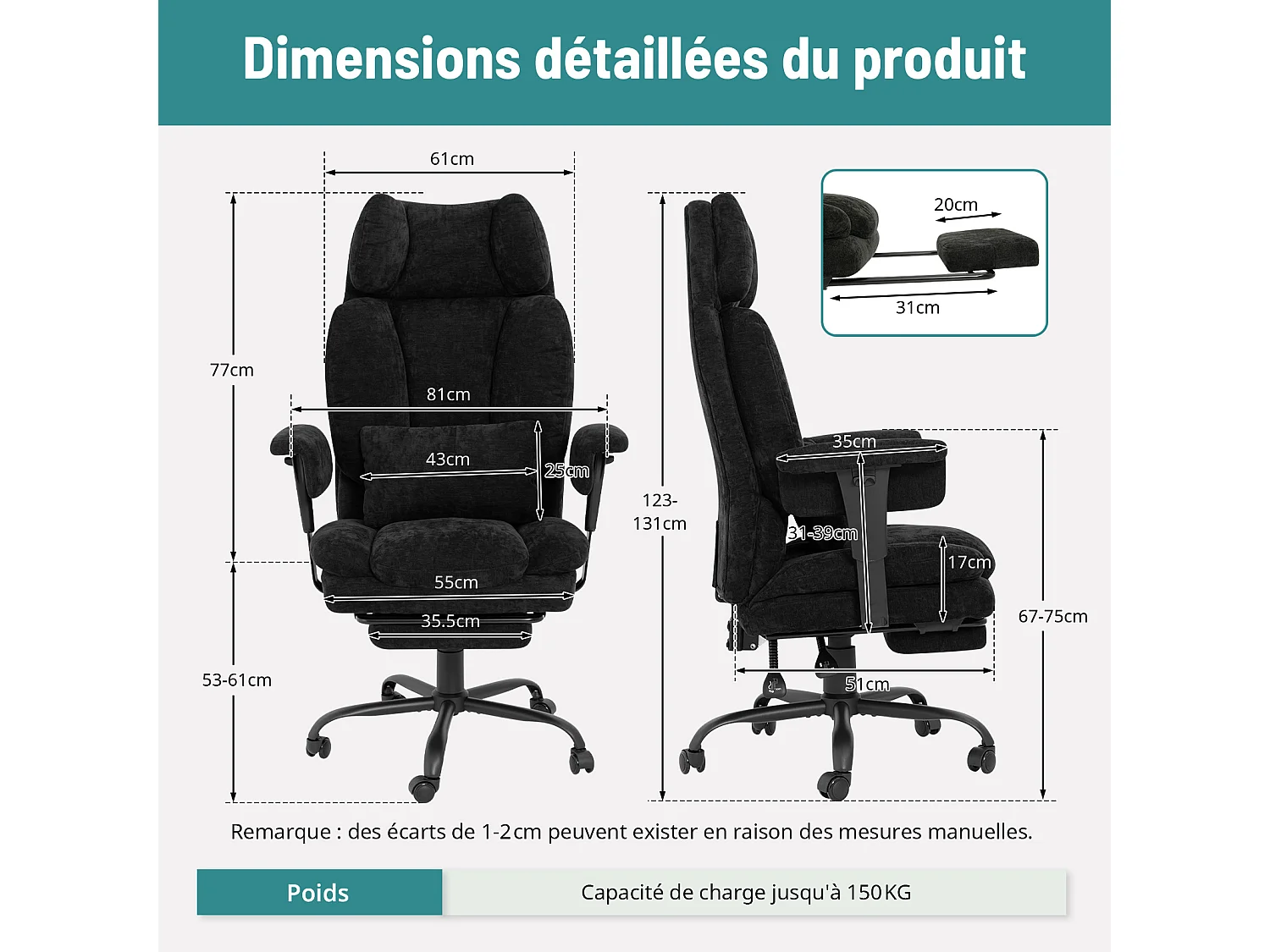 Chaise de bureau ergonomique en tissu chenille - Puluomis - Accoudoirs réglables, dossier inclinable 90°-135°, repose-pied extensible, charge 150kg - Noir
