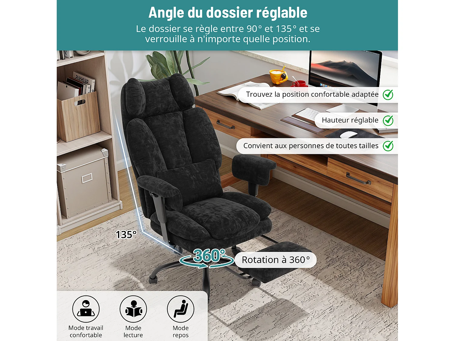 Chaise de bureau ergonomique en tissu chenille - Puluomis - Accoudoirs réglables, dossier inclinable 90°-135°, repose-pied extensible, charge 150kg - Noir