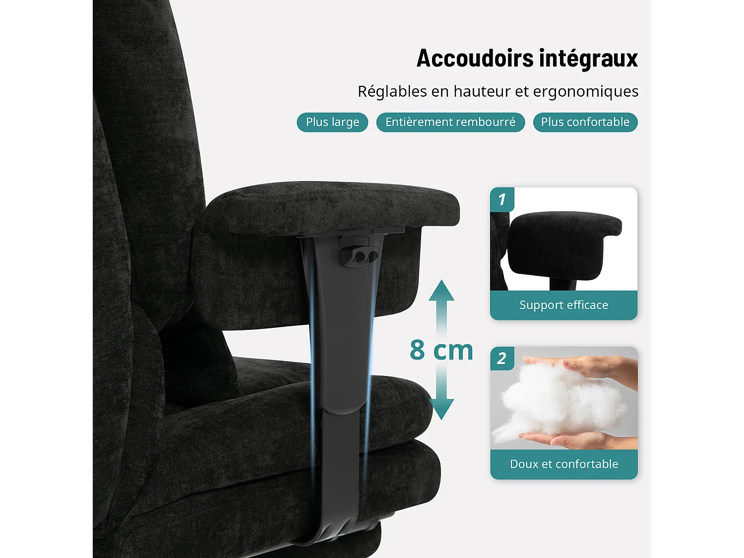 Chaise de bureau ergonomique en tissu chenille - Puluomis - Accoudoirs réglables, dossier inclinable 90°-135°, repose-pied extensible, charge 150kg - Noir