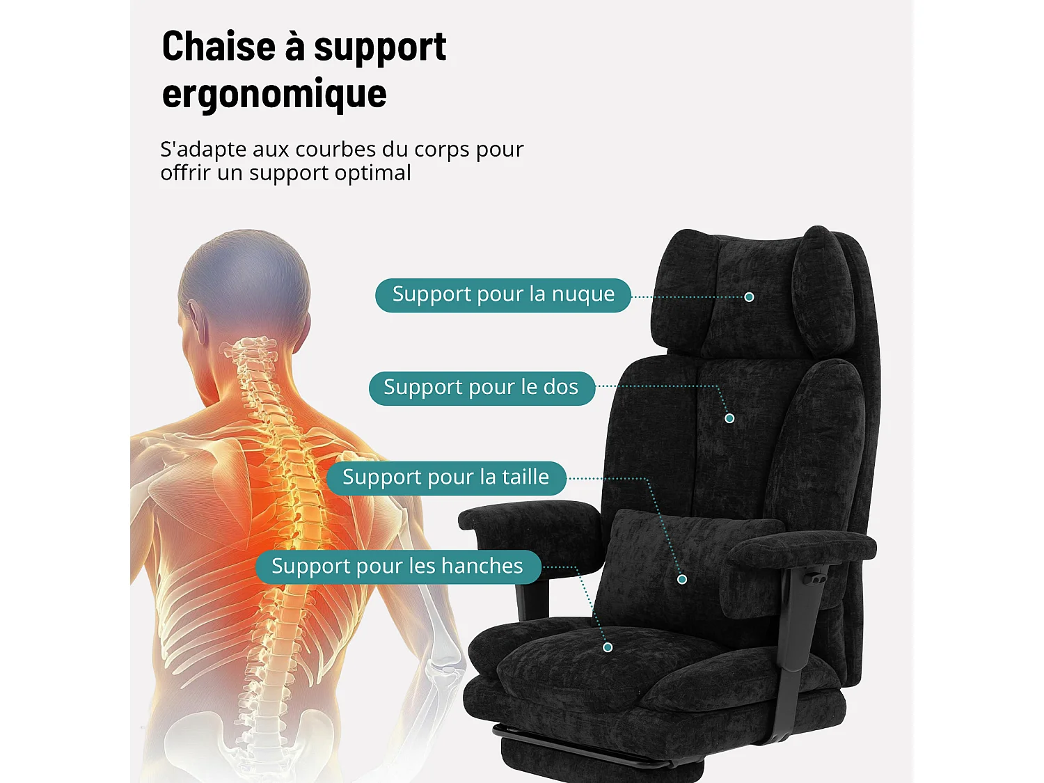 Chaise de bureau ergonomique en tissu chenille - Puluomis - Accoudoirs réglables, dossier inclinable 90°-135°, repose-pied extensible, charge 150kg - Noir