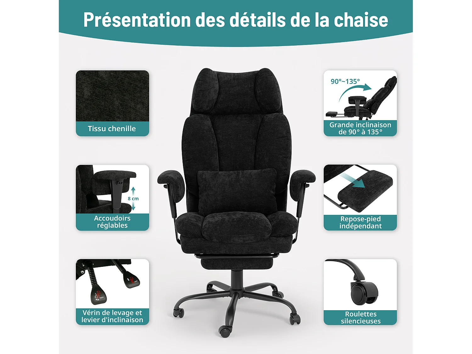 Chaise de bureau ergonomique en tissu chenille - Puluomis - Accoudoirs réglables, dossier inclinable 90°-135°, repose-pied extensible, charge 150kg - Noir