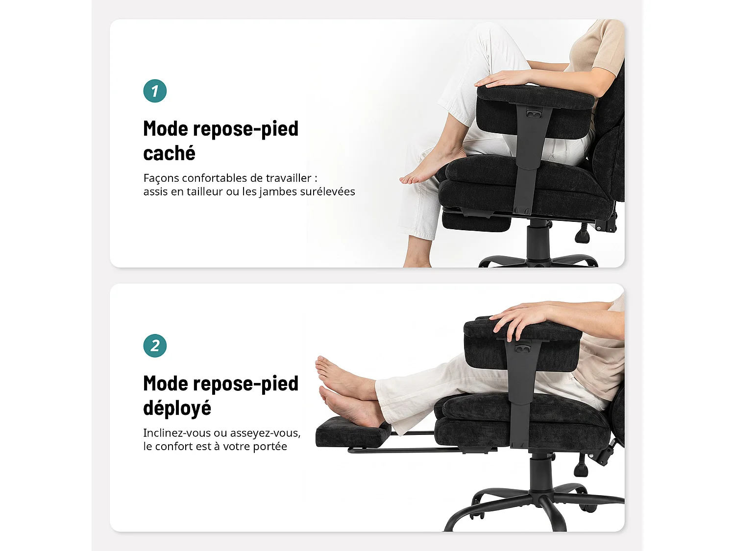 Chaise de bureau ergonomique en tissu chenille - Puluomis - Accoudoirs réglables, dossier inclinable 90°-135°, repose-pied extensible, charge 150kg - Noir