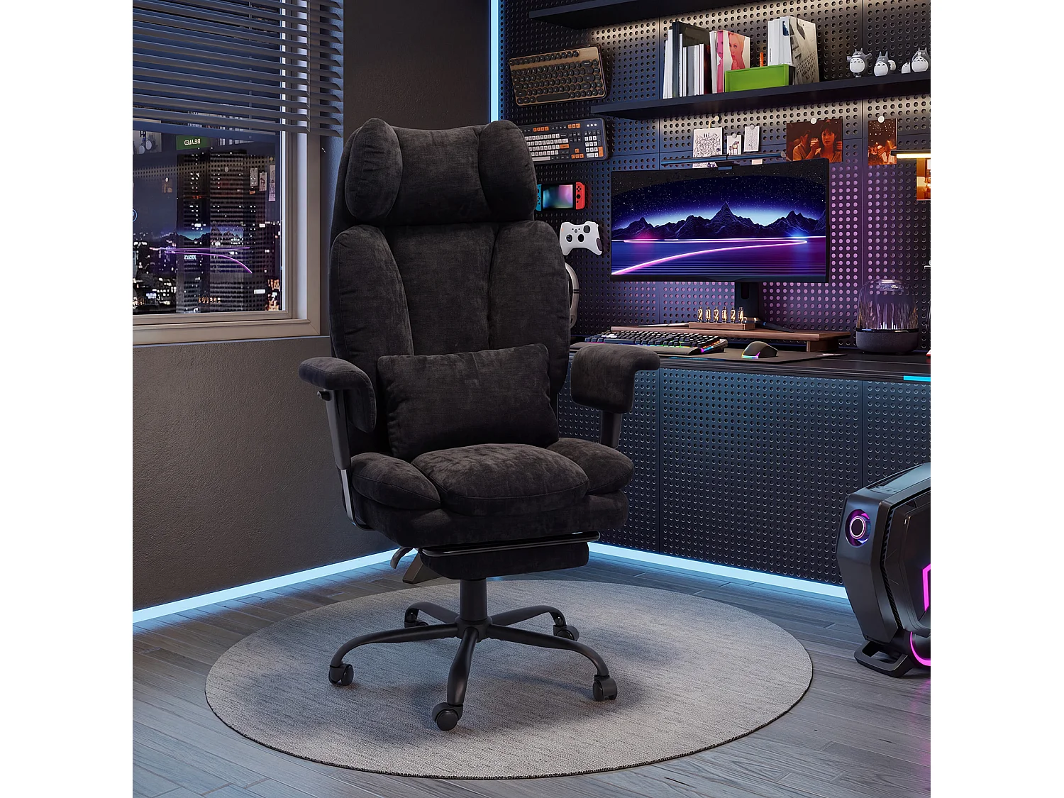 Chaise de bureau ergonomique en tissu chenille - Puluomis - Accoudoirs réglables, dossier inclinable 90°-135°, repose-pied extensible, charge 150kg - Noir
