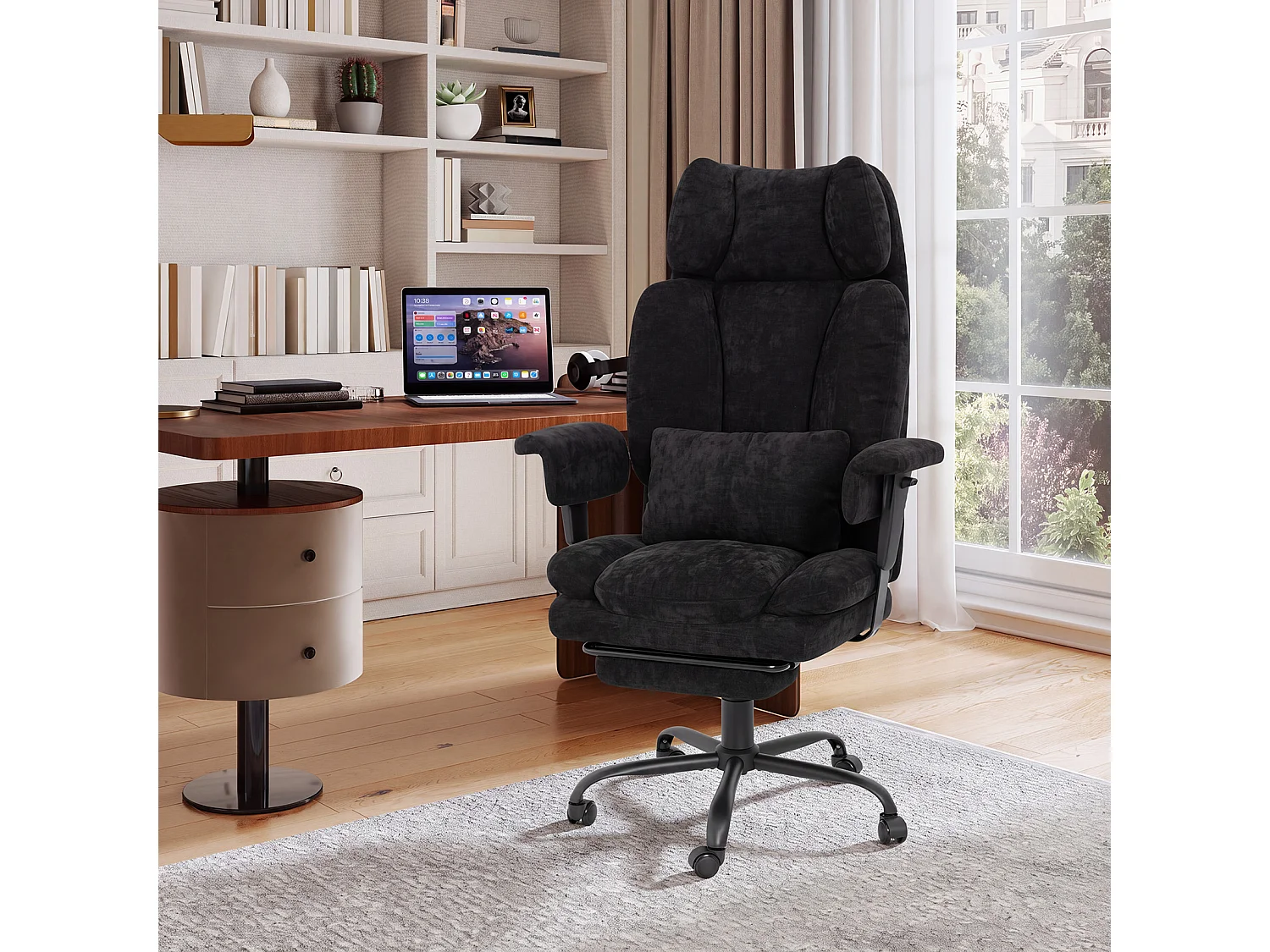 Chaise de bureau ergonomique en tissu chenille - Puluomis - Accoudoirs réglables, dossier inclinable 90°-135°, repose-pied extensible, charge 150kg - Noir