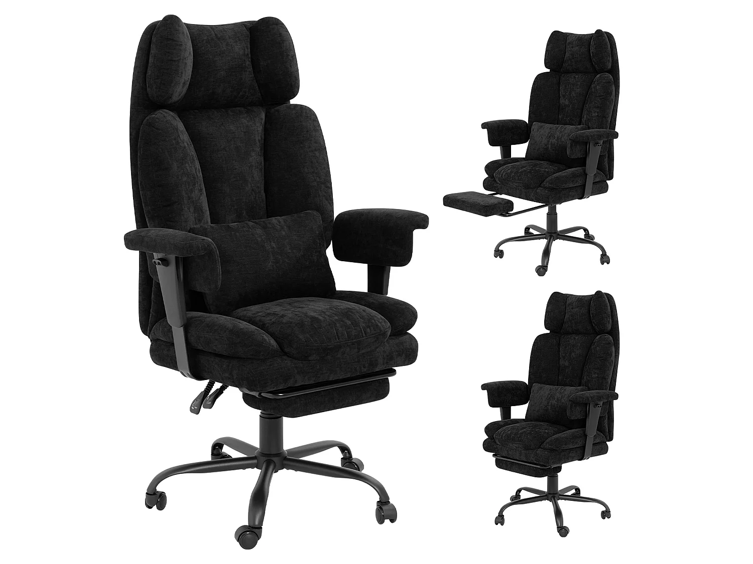 Chaise de bureau ergonomique en tissu chenille - Puluomis - Accoudoirs réglables, dossier inclinable 90°-135°, repose-pied extensible, charge 150kg - Noir