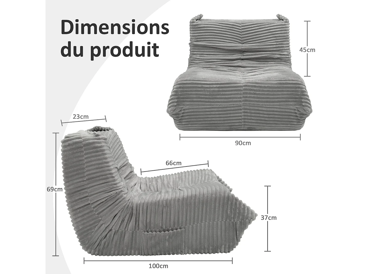 Pouf salon en flanelle - 91x100x65cm gris clair - Ergonomique, Mousse 30D Haute Densité