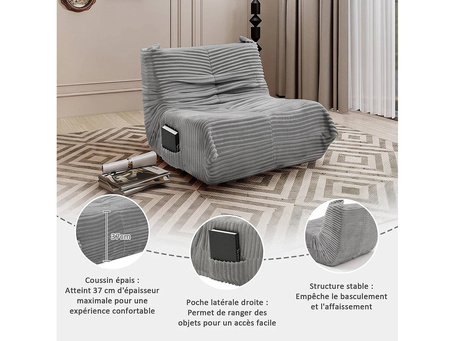 Pouf salon en flanelle - 91x100x65cm gris clair - Ergonomique, Mousse 30D Haute Densité