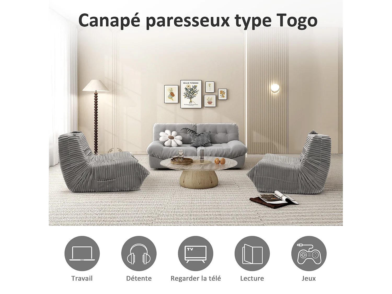 Pouf salon en flanelle - 91x100x65cm gris clair - Ergonomique, Mousse 30D Haute Densité