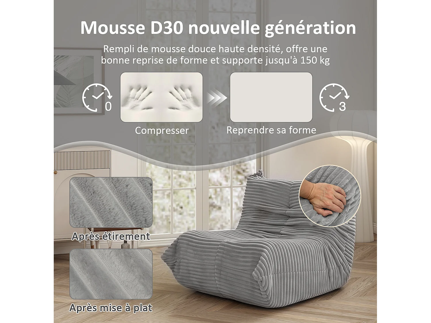 Pouf salon en flanelle - 91x100x65cm gris clair - Ergonomique, Mousse 30D Haute Densité