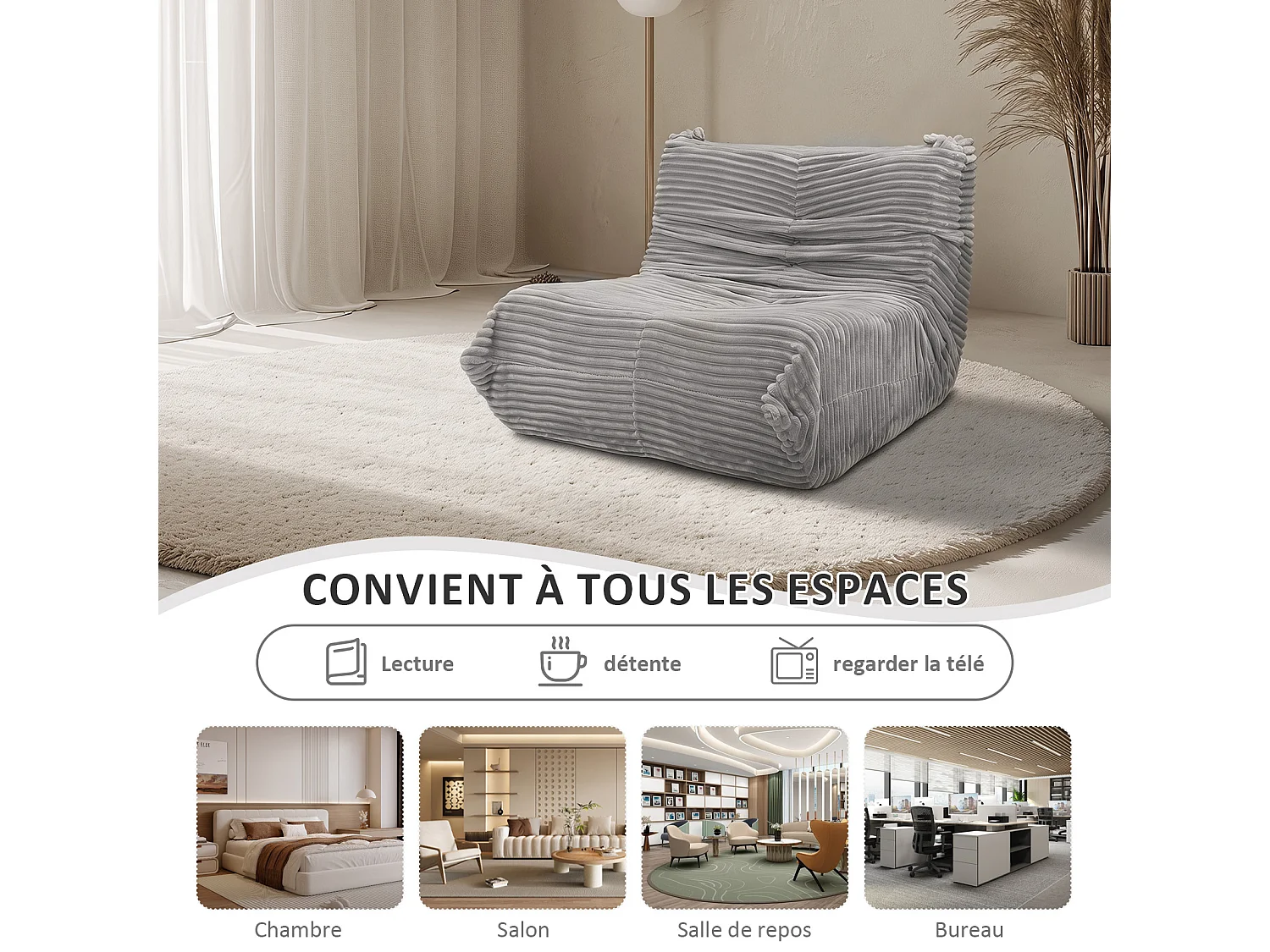 Pouf salon en flanelle - 91x100x65cm gris clair - Ergonomique, Mousse 30D Haute Densité