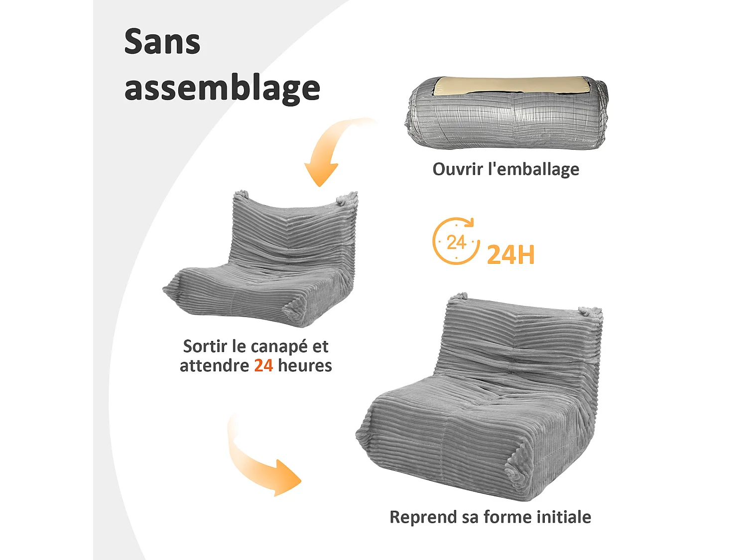 Pouf salon en flanelle - 91x100x65cm gris clair - Ergonomique, Mousse 30D Haute Densité