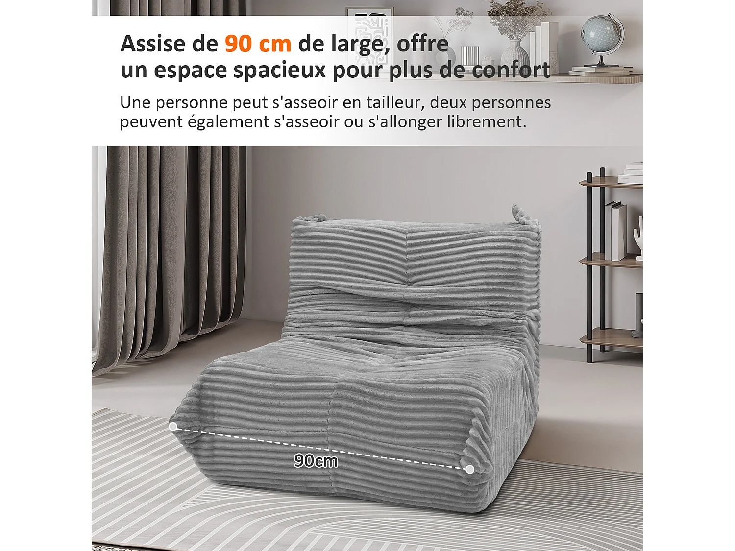 Pouf salon en flanelle - 91x100x65cm gris clair - Ergonomique, Mousse 30D Haute Densité