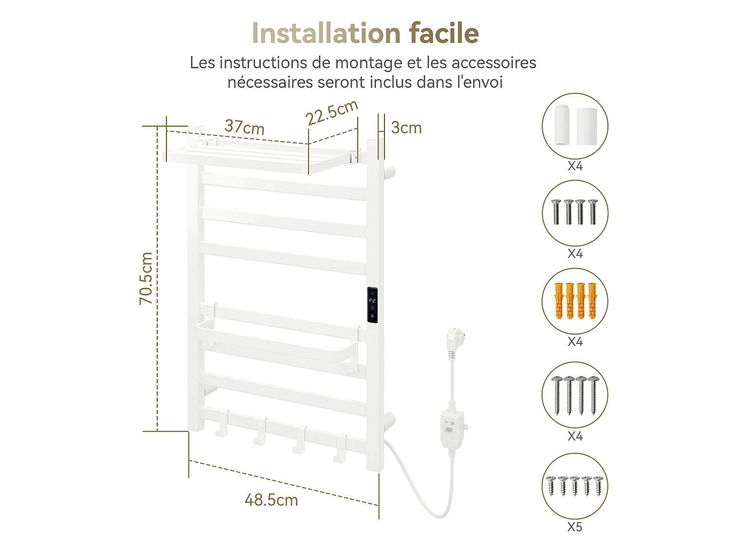 Sèche‑serviettes électrique mural - Puluomis - 45‑70°C, minuterie 2‑8h, étagère pivotante 90°, crochets réglables, IPX4 H.70,5 x L.48,5 cm - Blanc