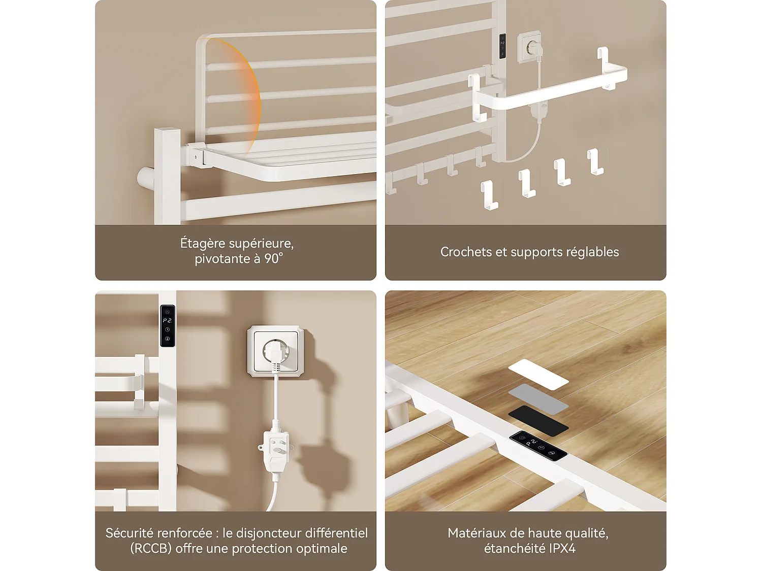 Sèche‑serviettes électrique mural - Puluomis - 45‑70°C, minuterie 2‑8h, étagère pivotante 90°, crochets réglables, IPX4 H.70,5 x L.48,5 cm - Blanc