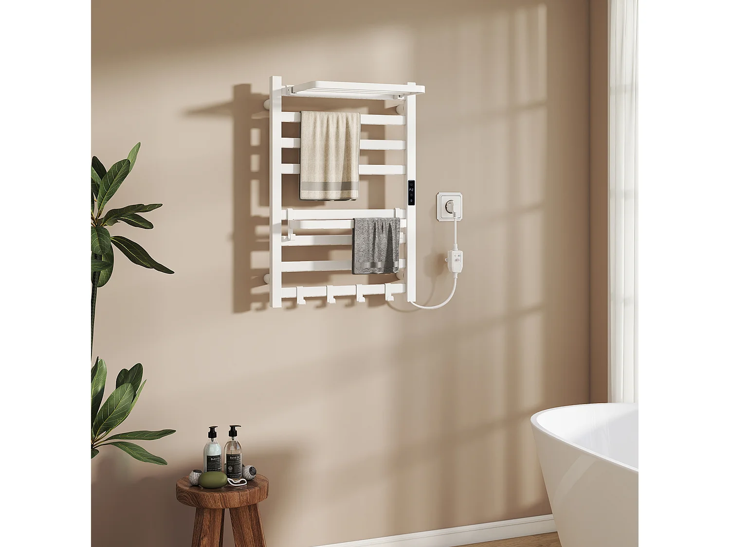 Sèche‑serviettes électrique mural - Puluomis - 45‑70°C, minuterie 2‑8h, étagère pivotante 90°, crochets réglables, IPX4 H.70,5 x L.48,5 cm - Blanc