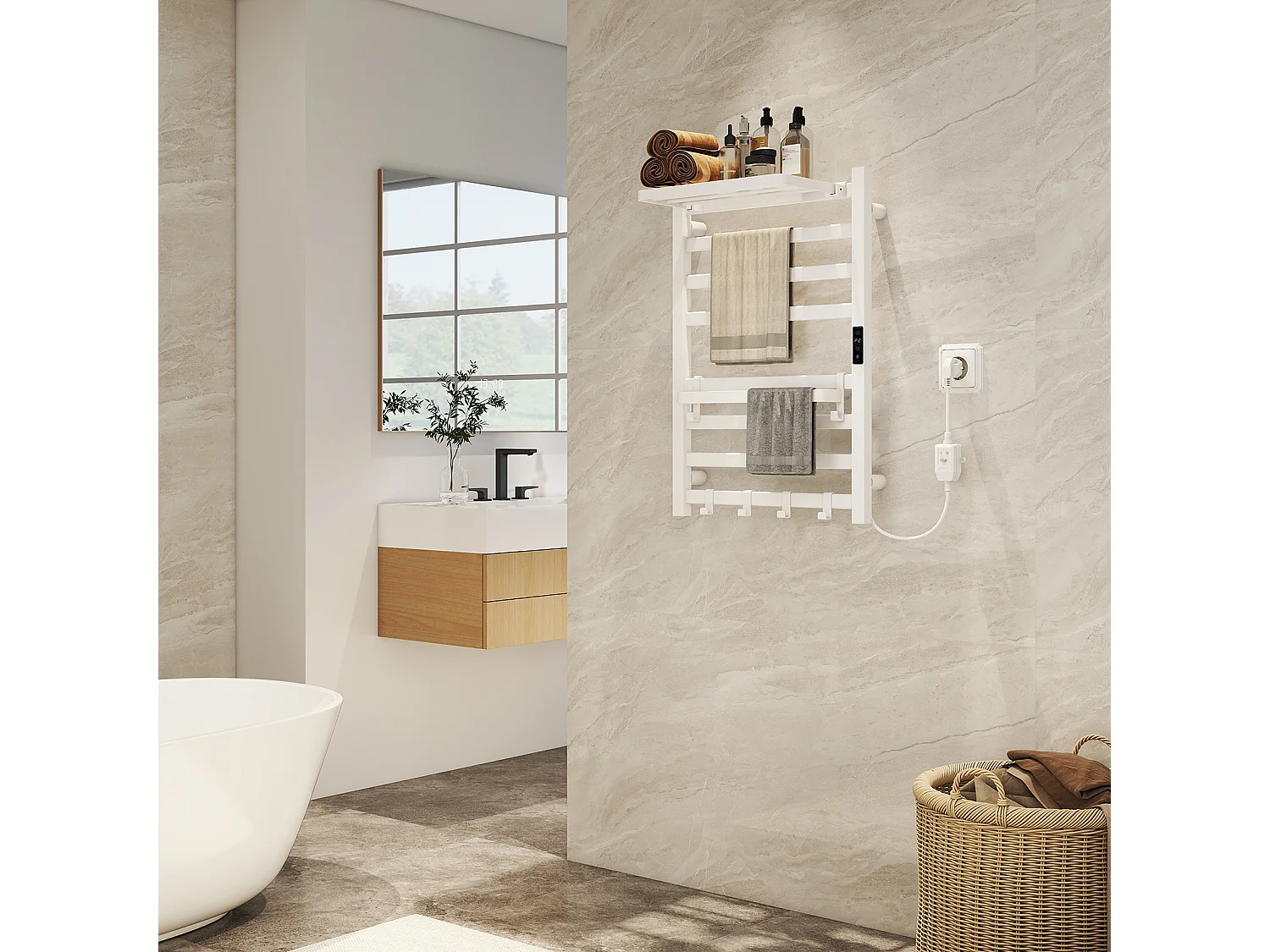 Sèche‑serviettes électrique mural - Puluomis - 45‑70°C, minuterie 2‑8h, étagère pivotante 90°, crochets réglables, IPX4 H.70,5 x L.48,5 cm - Blanc
