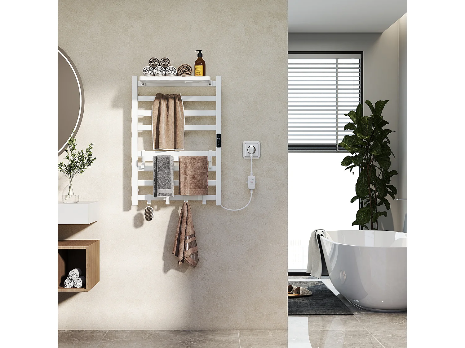 Sèche‑serviettes électrique mural - Puluomis - 45‑70°C, minuterie 2‑8h, étagère pivotante 90°, crochets réglables, IPX4 H.70,5 x L.48,5 cm - Blanc