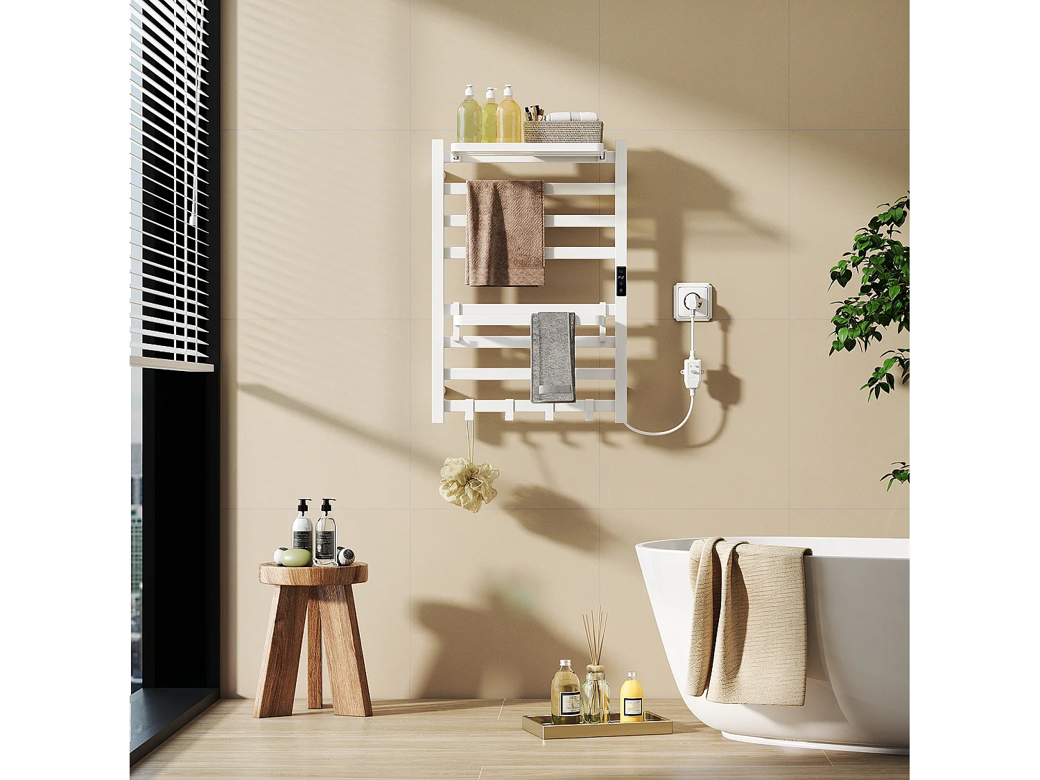 Sèche‑serviettes électrique mural - Puluomis - 45‑70°C, minuterie 2‑8h, étagère pivotante 90°, crochets réglables, IPX4 H.70,5 x L.48,5 cm - Blanc