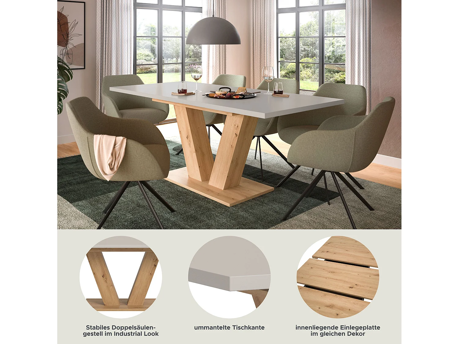 Table de salle à manger MOTION  (lxhxp : env. 150x76x90 cm)avec plateau cachemire/ pied en V aspect chêne