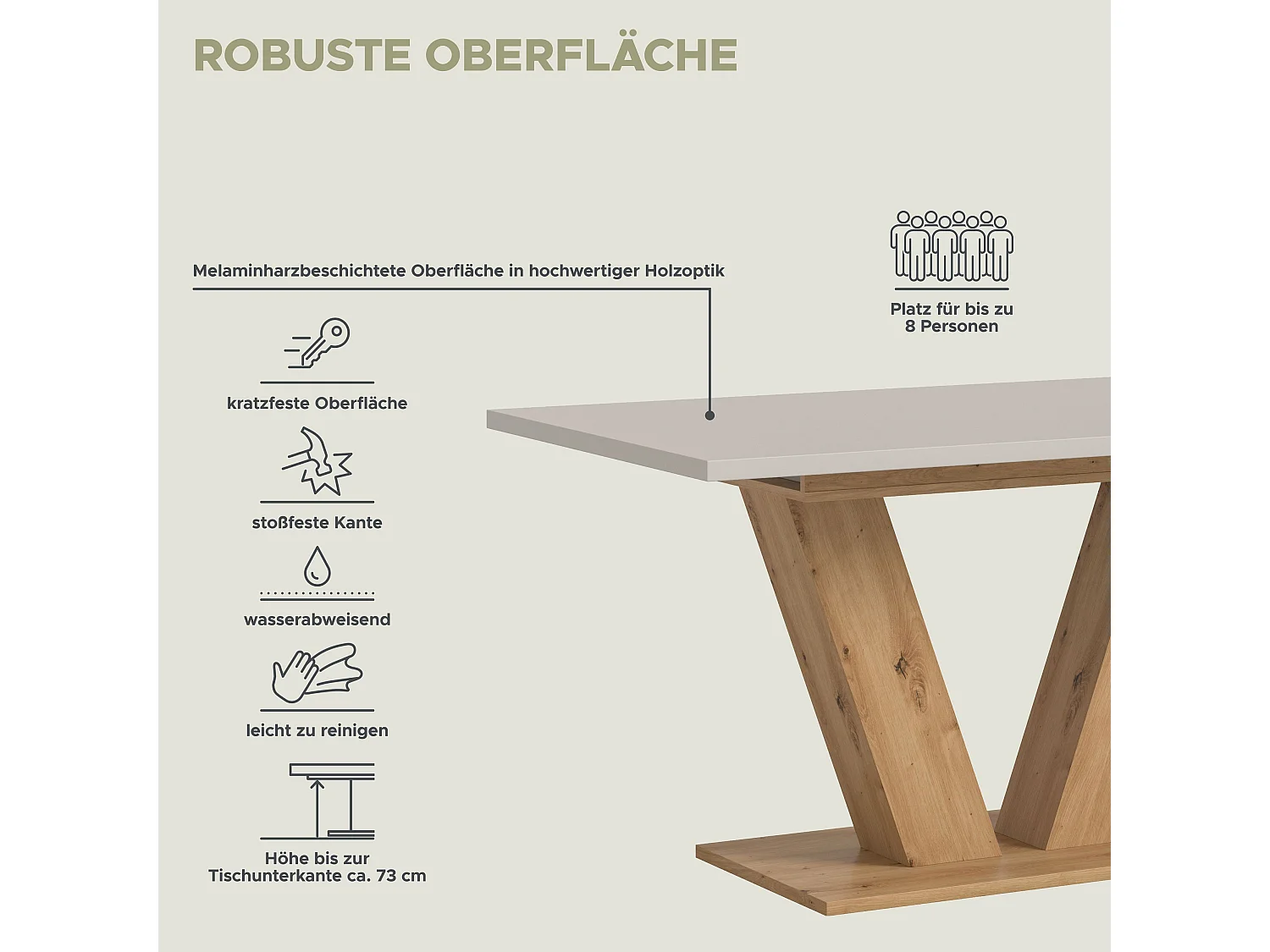 Table de salle à manger MOTION  (lxhxp : env. 150x76x90 cm)avec plateau cachemire/ pied en V aspect chêne