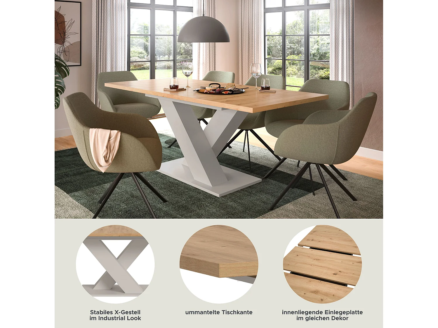 Table de salle à manger MOTION (lxhxp : env. 150x76x90 cm) avec plateau  aspect chêne/ pied en X  cachemire
