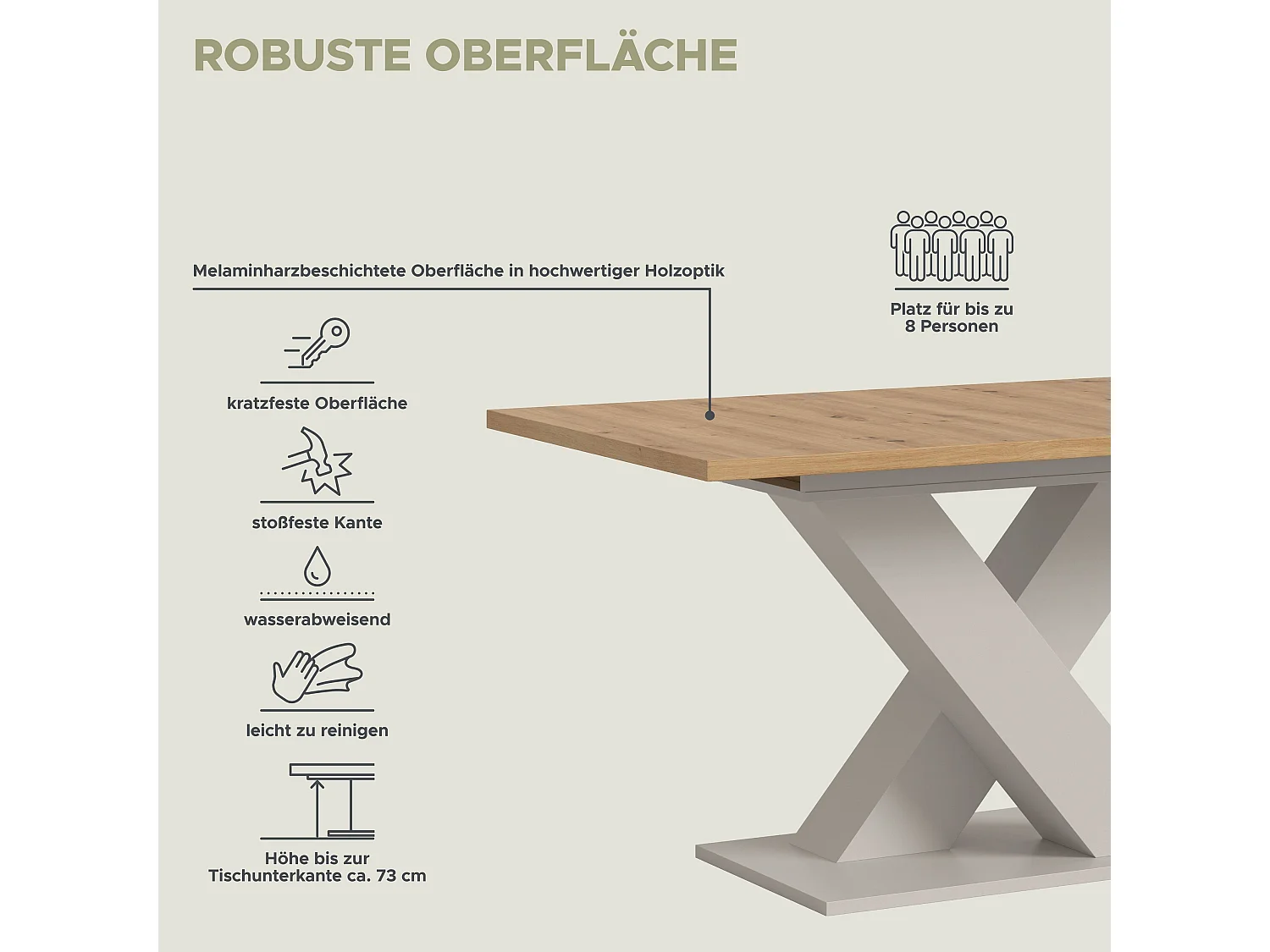 Table de salle à manger MOTION (lxhxp : env. 150x76x90 cm) avec plateau  aspect chêne/ pied en X  cachemire