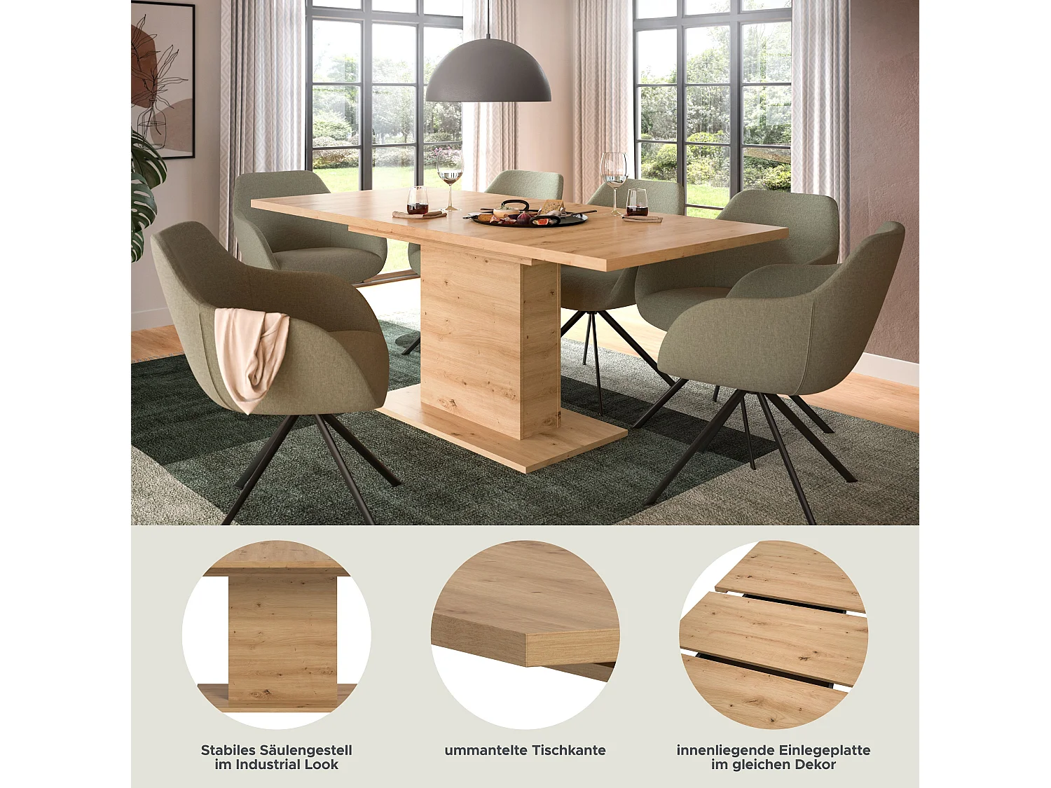 Table de salle à manger MOTION (lxhxp : env. 150x76x90 cm) avec plateau / pied central aspect chêne oak