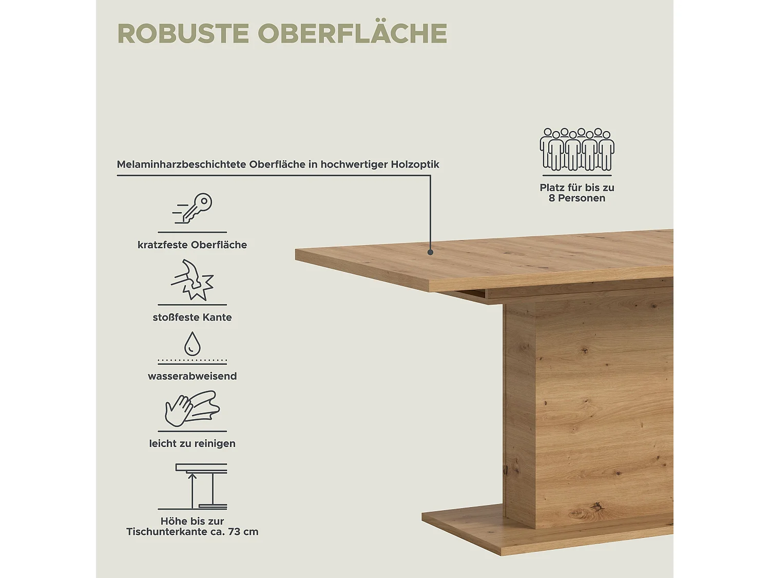 Table de salle à manger MOTION (lxhxp : env. 150x76x90 cm) avec plateau / pied central aspect chêne oak