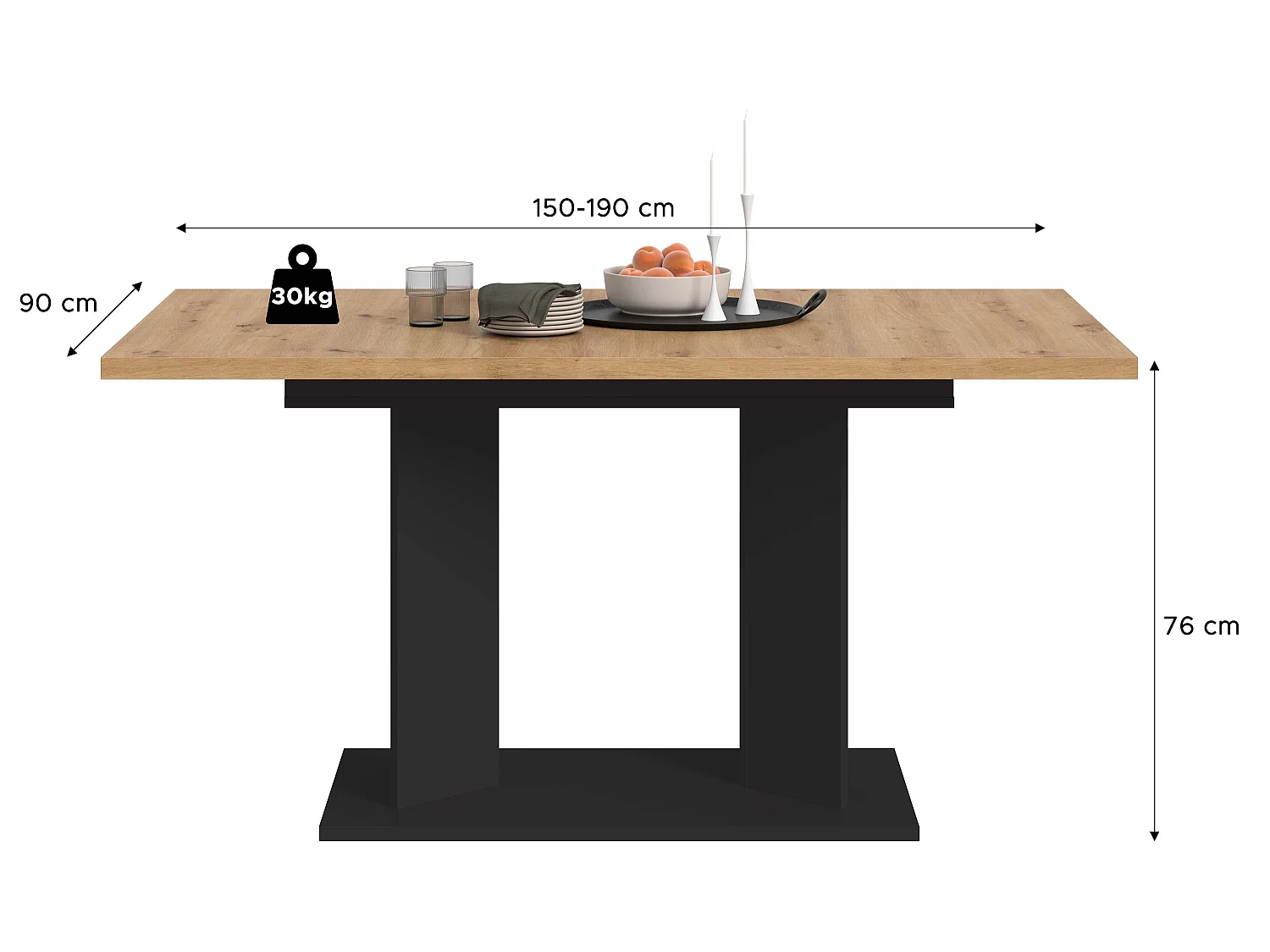 Table de salle à manger GUSTAV (lxhxp : env. 190x76x90 cm) avec plateau chêne artisan/pied en U noir