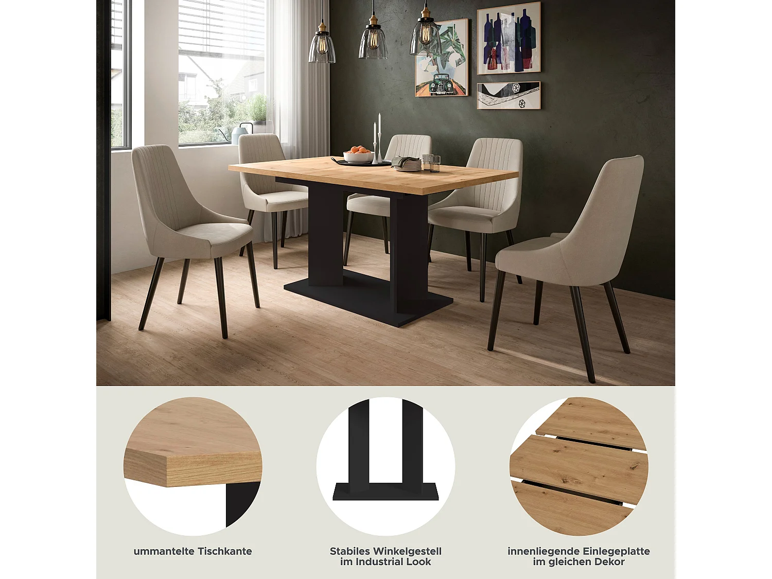 Table de salle à manger GUSTAV (lxhxp : env. 190x76x90 cm) avec plateau chêne artisan/pied en U noir