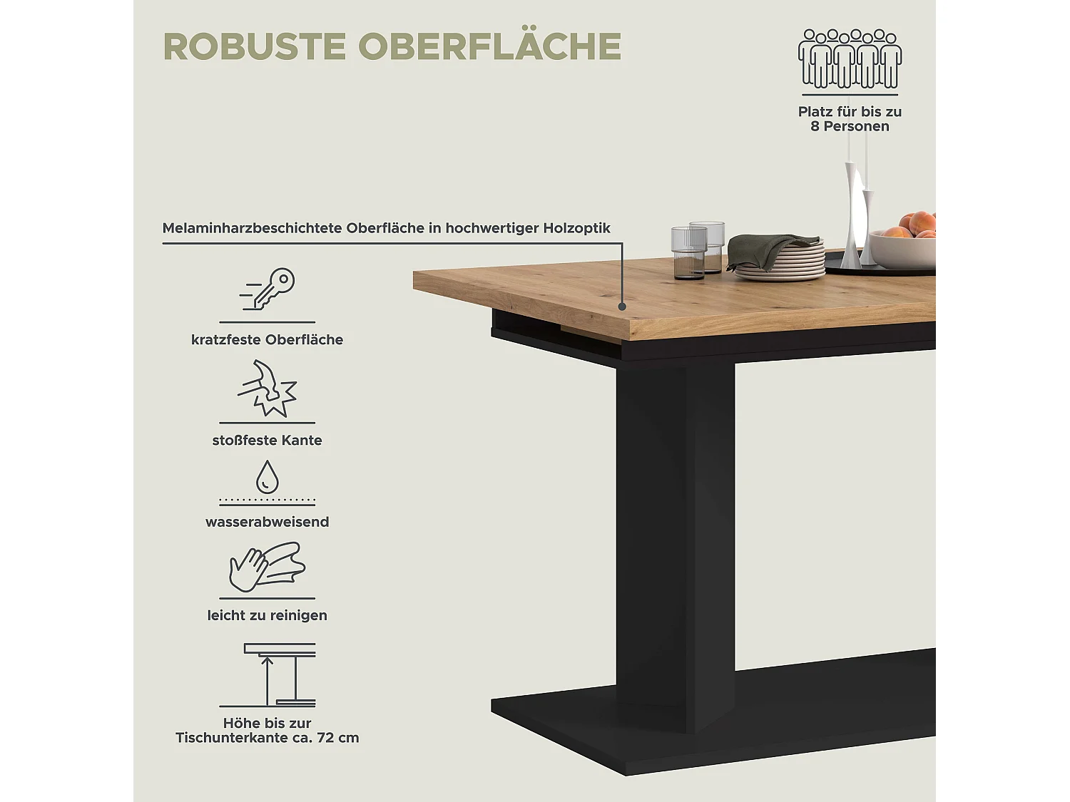 Table de salle à manger GUSTAV (lxhxp : env. 190x76x90 cm) avec plateau chêne artisan/pied en U noir