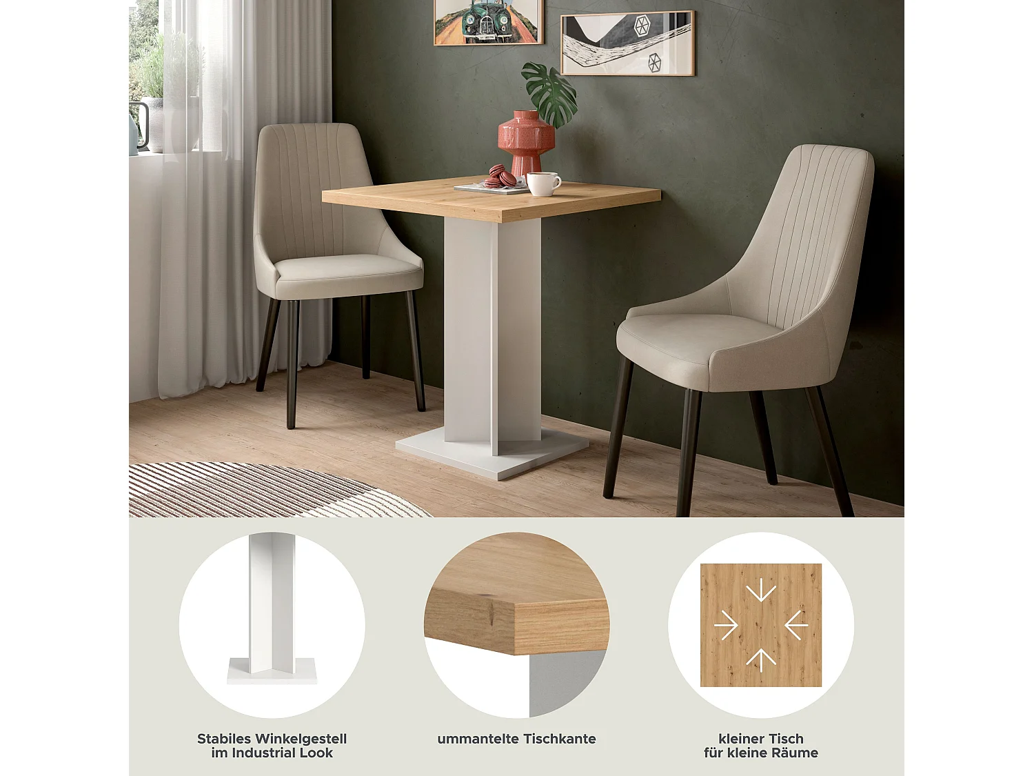 Table de salle à manger GUSTAV  (lxhxp : env. 70x76x70 cm) avec plateau chêne artisan/ pied blanc