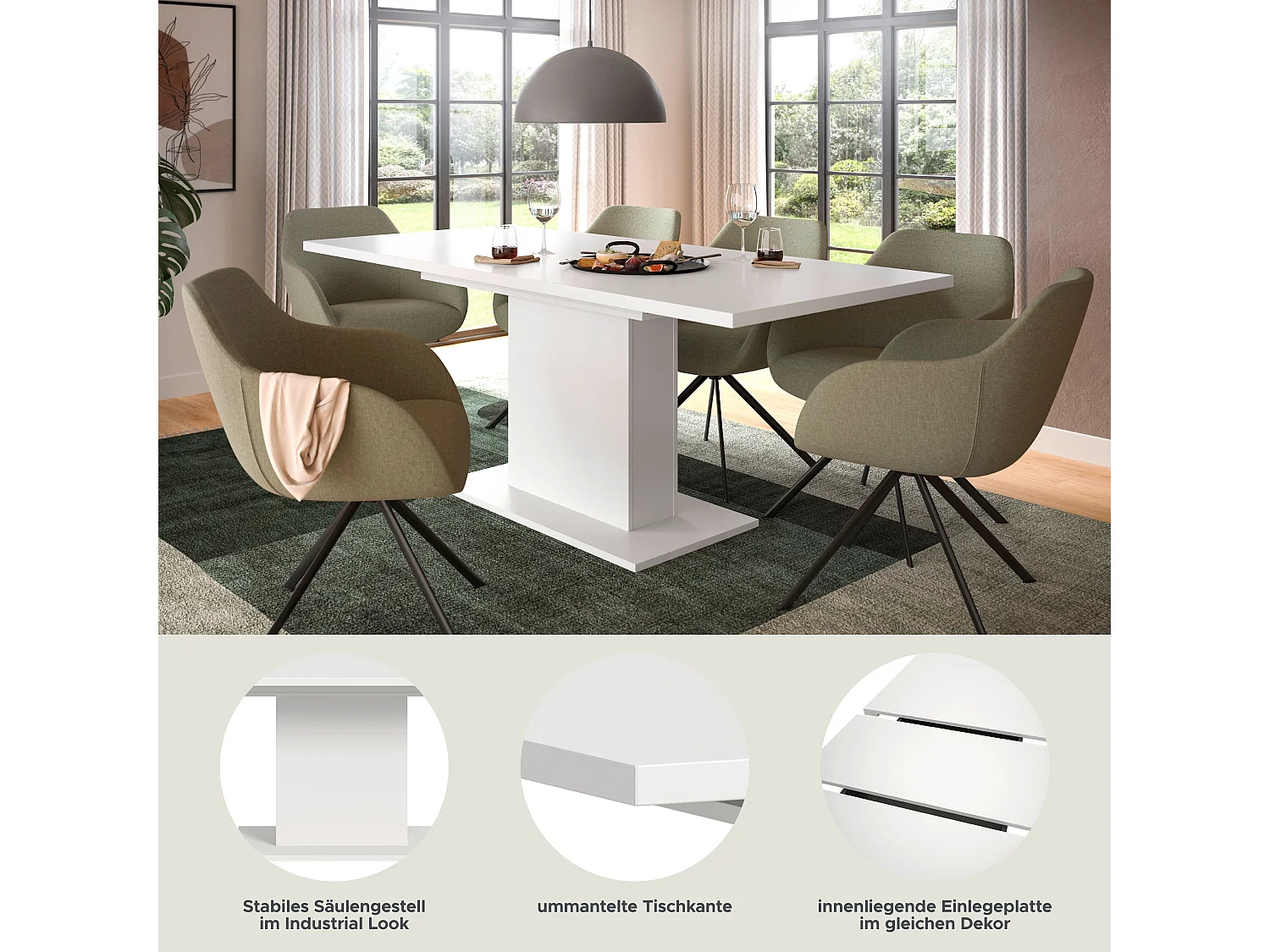 Table de salle à manger MOTION   (lxhxp : env. 150x76x90 cm) avec plateau  pied central blanc