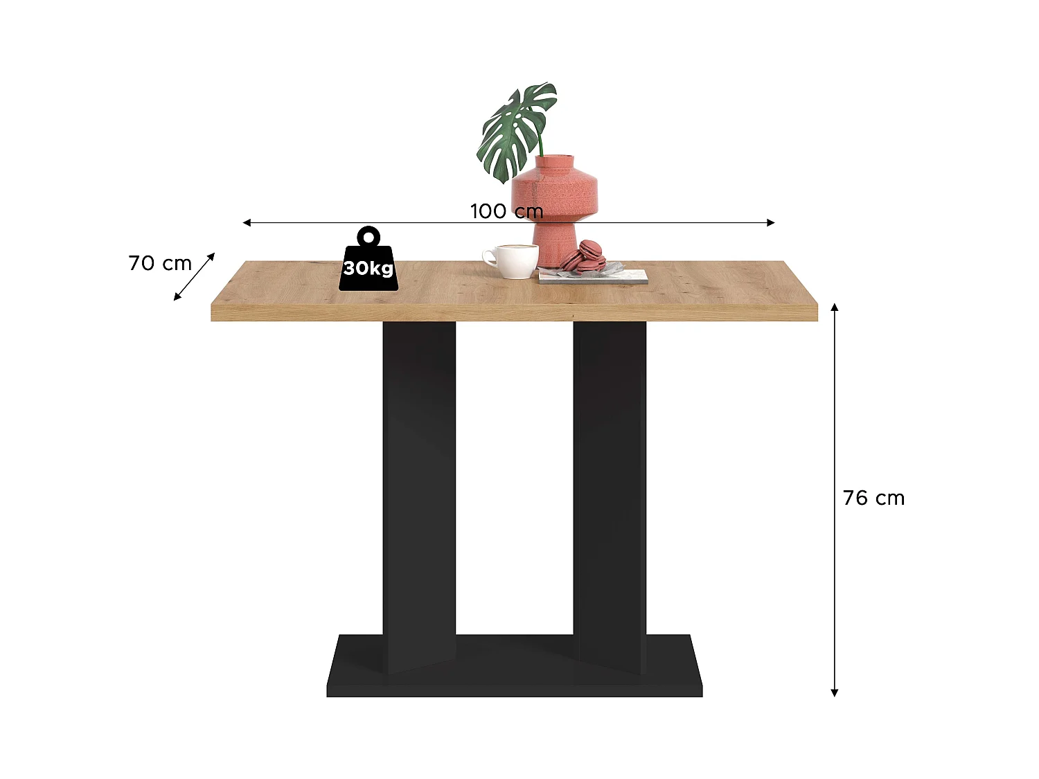 Table de salle à manger GUSTAV   (lxhxp : env. 110x76x70 cm)avec plateau aspect chêne/ pied en U noir